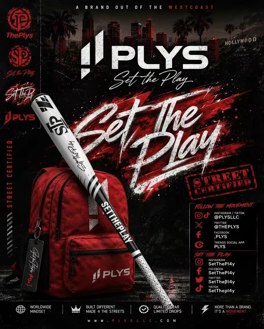 PLYS SetThePlay streetwear artwork with red backpack and bat against an illustrated Los Angeles skyline